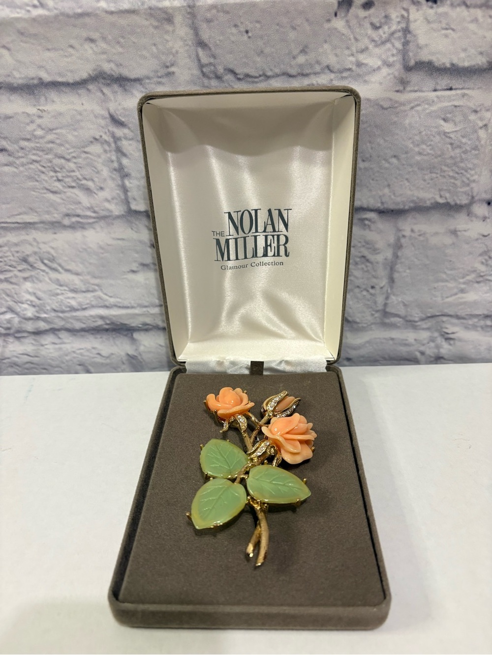 Nolan Miller Ann Margaret Peach Flower and Green Leaf Gold-Tone Brooch